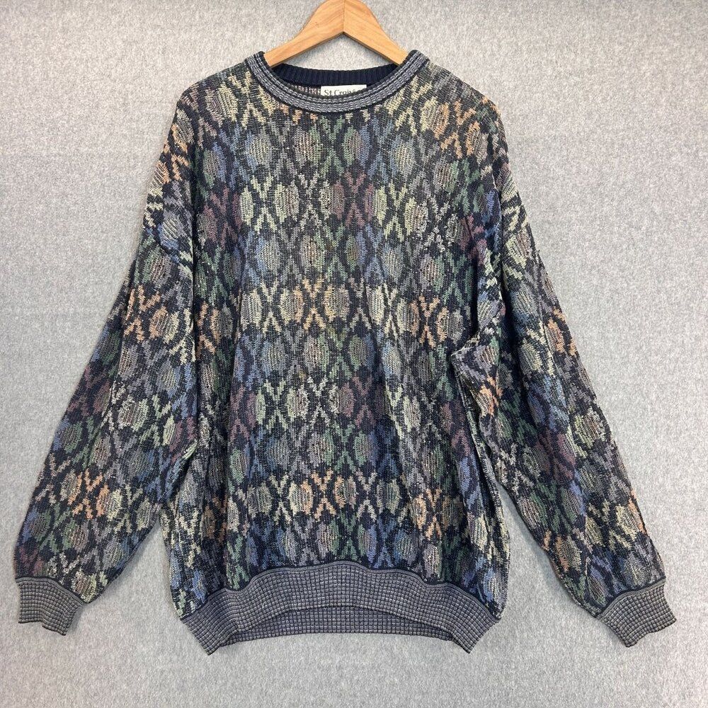 Men's St. Croix Size XL Gray Multi-Color Geometric Knit Sweater Grandpa Crewneck